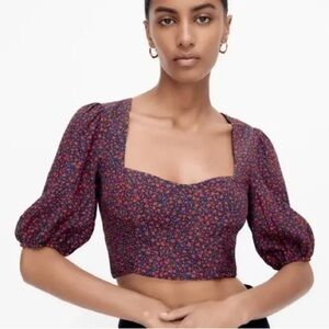 ZARA Red Floral Cropped Peasant Top Puff Sleeve Sweetheart Neck Blouse Large